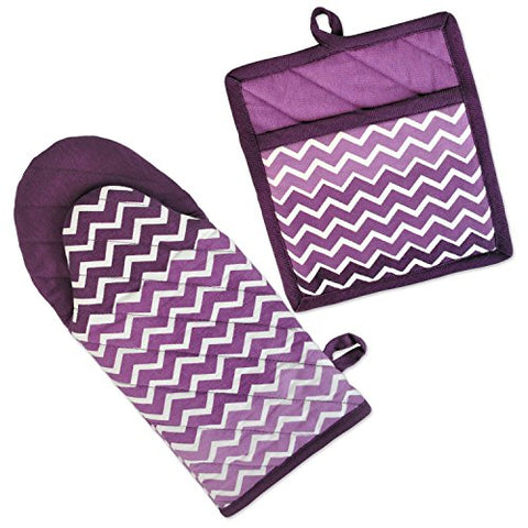 DII 100% Cotton, Machine Washable, Everyday Kitchen Basic, Chevron Printed Oven Mitt and Potholder Gift Set, Eggplant