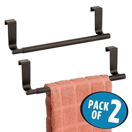 mDesign Decorative Kitchen Over Cabinet Expandable Towel Bars – Hang on Inside or Outside of Doors, for Hand, Dish, and Tea Towels - Pack of 2, Bronze Finish