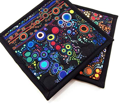 Colorful Cotton Potholders - Set of Two 8 Inch Hot Pads - Black Pot Holders