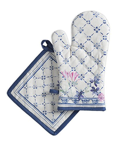 Maison d' Hermine Faïence 100% Cotton Set of Oven Mitt (7.5 Inch by 13 Inch) and Pot Holder (8 Inch by 8 Inch)