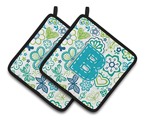 Caroline's Treasures Letter B Flowers & Butterflies Teal Blue Pair of Pot Holders CJ2006-BPTHD, 7.5HX7.5W, Multicolor