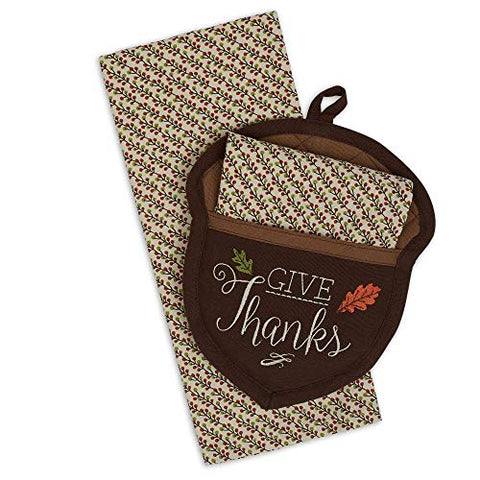 Design Imports Give Thanks Acorn 2 Piece Cotton Potholder and Dishtowel Set