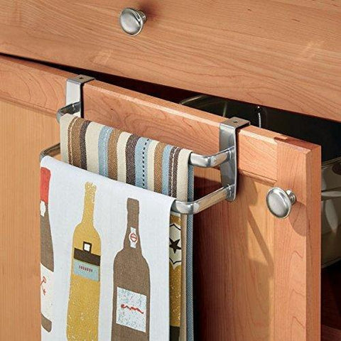 mDesign Modern Kitchen Over Cabinet Strong Steel Double Towel Bar Rack - Hang on Inside or Outside of Doors, Storage and Organization for Hand, Dish, Tea Towels - 9.75" Wide, Silver Finish