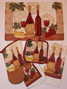 Kitchen Linen Set of 10 Vintage Wine Theme Design Includes 2 Dish Clothes, 1 Hand Towel, 2 Pot Holders, 1 Oven Mitt, and 4 Placemats