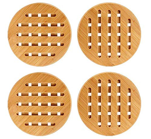 Weikai 11 Set of 4, Solid Bamboo Wood Trivets with Non-Slip Pads for Hot Dishes and Pot (7" Round)