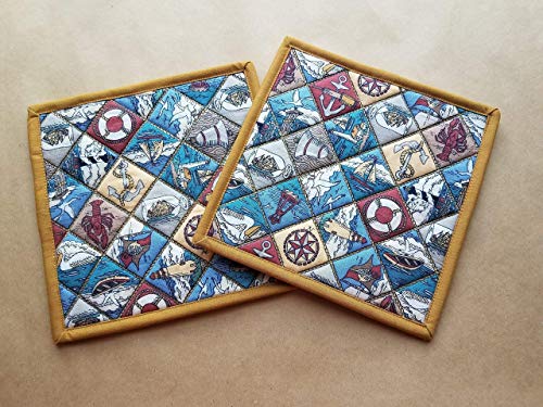 Coastal Patchwork Potholders Set of 2 Quilted Trivets Pair Insulated Hot Pads Nautical Home Decor Handmade Beach Kitchen Theme Anchors Ships Lighthouse Housewarming Hostess Gifts Under 20