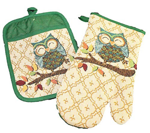 Twisted Anchor Trading CO 2 Pc Fall Autumn Owl Pot Holder and Owl Oven Mitt Set - Great Fall Pot Holder Set - Comes in an Organza Bag So It's Ready for Giving!