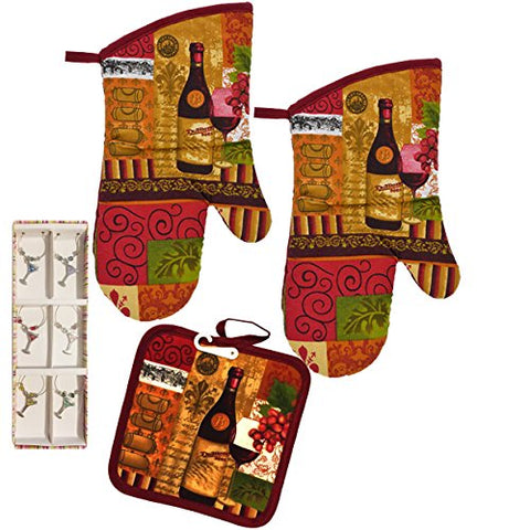 Dublin's Treasure Isle Kitchen Oven Mitt Pot Holder Set Kitchen Linens Pack with wine charms (Wine Lovers)