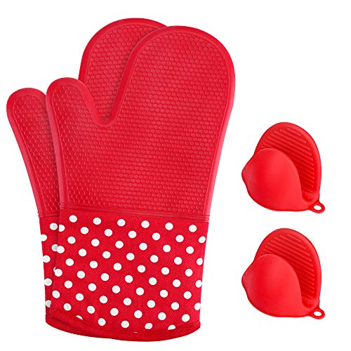 KEDSUM Heat Resistant Silicone Oven Mitts, 1 Pair of Extra Long Potholder Gloves with Bonus 1 Pair of Mini Cooking Pinch Grips, Non-Slip Cotton Lining Kitchen Glove for Baking, Barbeque, Red