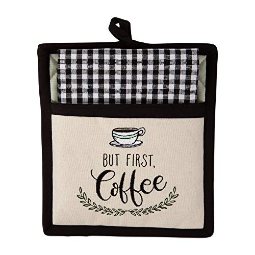 DII CAMZ11159 Cotton Pot Holder and Solid Dishtowel Gift Set, Machine Washable, Perfect for Everyday Kitchen Cooking and Baking, 9x8, 18x28, Coffee Time