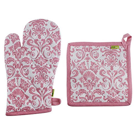 Pot Holder And Oven Mitt Set, 100% Cotton, Set of 1 Oven mitten of Size 7"X12 Inch & 1 Potholder of Size 8"X8 Inch, Eco - Friendly & Safe, Pink Ornaments Design for Kitchen