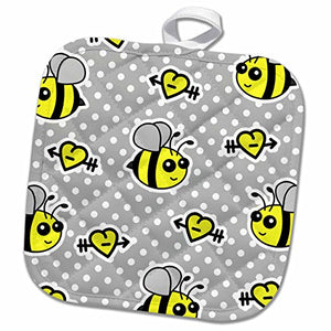 3dRose phl_57080_1 Pot Holder Cute Yellow Bumble Bee Print on Grey and White Polka Dots 8 by 8"