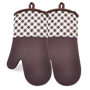 YUTAT Silicone Oven Mitts Heat Resistant 450 F Plaid Pattern Cooking Gloves Non-Slip Waterproof Potholders 1 Pair (Brown)