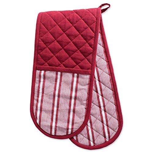 DII Cotton Stripe Quilted Double Oven Mitt, 35 x 7.5", Machine Washable and Heat Resistant Kitchen Moppine for Everyday Cooking and Baking-Barn Red