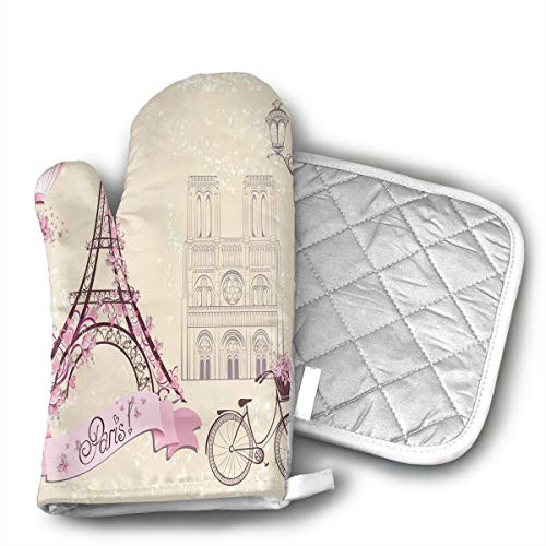 BBQGloves3 Floral Paris Symbols Landmarks Eiffel Tower Hot Air Balloon Bicycle Romantic Couple Shaped Oven Mitts and Pot Holders Set of 2 for Kitchen Set with Cotton Non-Slip Grip