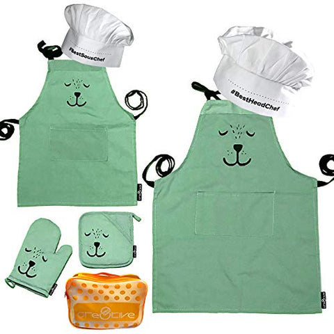 Cre8tivePick Cute Bear Apron For Adult & Child, Matching Apron + Oven Mitt + Pot Holder, Heat Resistant, Machine Washable, Kitchen Gift Set, Baking Gift Set, Parents and kids uniform set