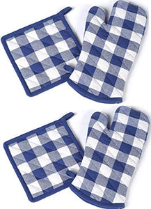 Cotton Clinic Gingham Buffalo Check Pot Holders and Oven Mitts Cotton Set of 4, Heat Resistant and Washable Oven Mitts and Pot Holders Sets for Men and Women - Navy White