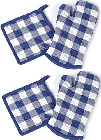 Cotton Clinic Gingham Buffalo Check Pot Holders and Oven Mitts Cotton Set of 4, Heat Resistant and Washable Oven Mitts and Pot Holders Sets for Men and Women - Navy White