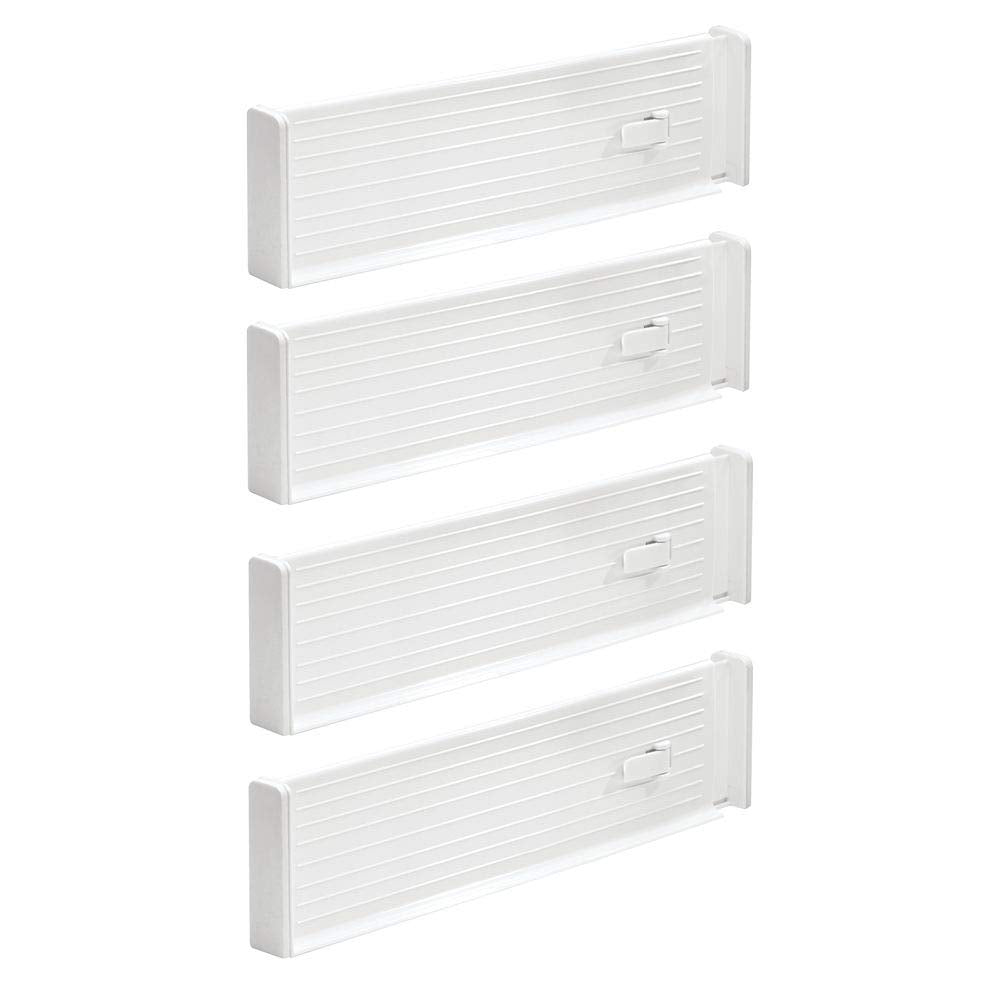 mDesign Adjustable, Expandable Deep Drawer Organizer/Divider - Foam Ends, Strong Secure Hold, Locks in Place - for Kitchen Towel Storage, Utensils, Junk Drawers - 4" High - 4 Pack - White