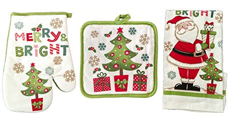 Christmas Oven Mitt Dish Towels Pot Holders Kitchen Linens Cotton Merry Bright Santa Green 3-Piece Bundle