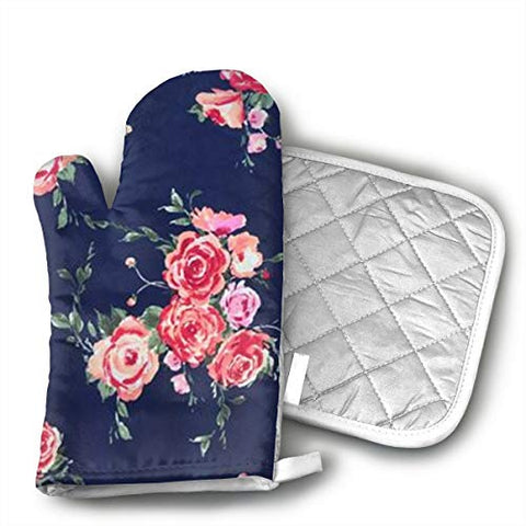 Yitlon8 Rose Navy Floral Oven Hot Mitts Professional Heat Resistant Pot Holder & Baking Gloves