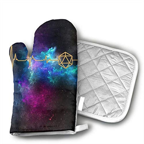 D20 Dice DND Heartbeat - Slaying Dragons in Dungeons Oven Mitt 9 X 4 and Pot Holder 6 X 6 Kitchen Gift Set,Kitchen Oven Gloves for Cooking,Baking,Grilling,Barbecue Potholders - 2 Pair