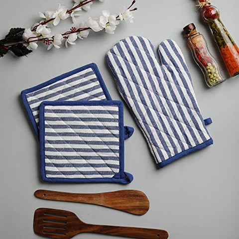 Cotton Oven Mitten and Pot Holders, 3 Piece Set, Blue & White Stripe For Everyday Use