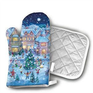 Holiday Village Oven Mitt 9 X 4 and Pot Holder 6 X 6 Kitchen Gift Set,Kitchen Oven Gloves for Cooking,Baking,Grilling,Barbecue Potholders - 2 Pair