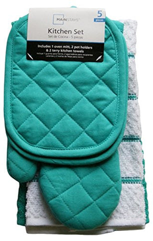 Mainstay Teal Island Kitchen Towel Set 5 Piece- Pot Holders, Oven Mitt & 2 Terry Kitchen Towels (1, A)