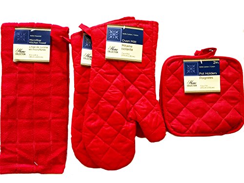 Home Collection Kitchen Linen Set (2 Oven Mitts, 2 Pot Holders, 1 Kitchen Towel) (Red)