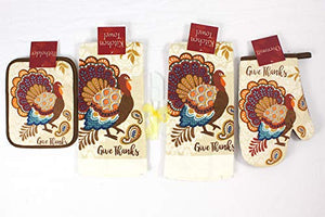 Nantaucket Fall Autumn Kitchen Dish Towels and Pot Holders Set: Colorful Thanksgiving Turkey with Give Thanks Message (Boho Turkey)