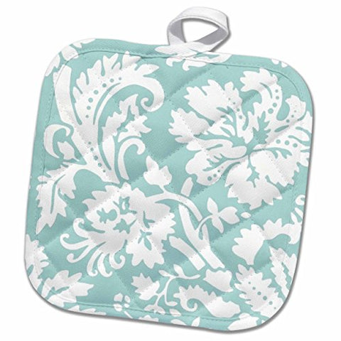 3D Rose Mint Damask Large Print Design-Modern Stylish Flowers and Leaves-Pastel Turqoise Aqua Teal Blue Pot Holder, 8 x 8