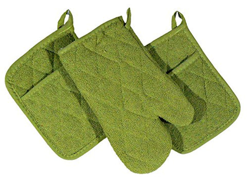 Ashley Mills 3 Piece Kitchen Set - 2 Pot Holders, Oven Mitt (Green/Olive)