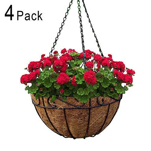 4 Pack Metal Hanging Planter Basket with Coco Coir Liner 10 Inch Round Wire Plant Holder with Chain  Indoor Outdoor Watering Hanging Baskets