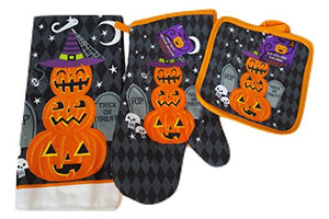 Halloween Pumpkins Oven Mitts, Pot Holders and Halloween Hand Towels Set