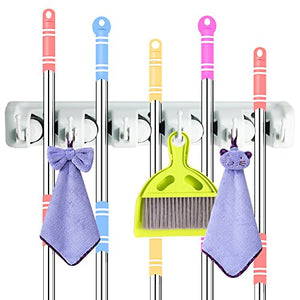DiGiCare Broom Holder, Wall Mount Mop Holder Broom Hanger Organizer with 5 Ball Slots and 6 Hooks, Holds Up to 11 Tools for Kitchen, Bathroom, Garage