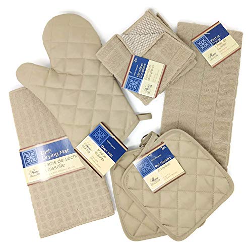 Kitchen Towel Set with 2 Quilted Pot Holders, Oven Mitt, Dish Towel, Dish Drying Mat, 2 Microfiber Scrubbing Dishcloths (Tan)