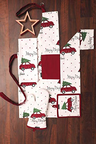 Amour Infini Set of Apron, Oven Mitt, Pot Holder, Pair of Kitchen Towels in a Unique MerryChristmas Design, 100% Cotton, Kitchen Linen Set