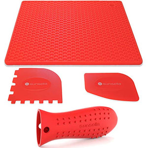 Sunsella Silicone Cast Iron Potholder Set - Hot Handle Holder with 2 x Pan Scrapers & Silicone Hot Pad