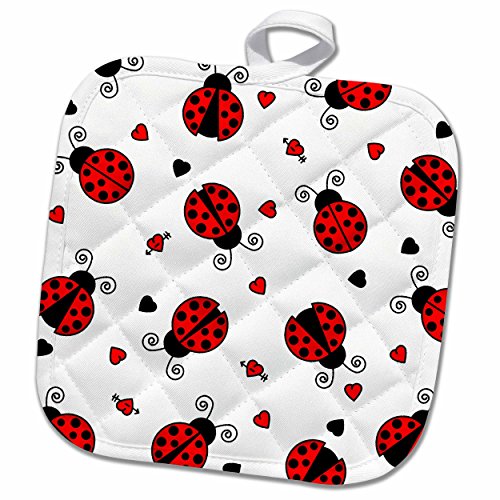 3D Rose Love Bugs Red Ladybug Print with Hearts Pot Holder, 8" x 8"