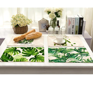 Cotton Linen Green Leaf Printed Table Dishware Place Mats For Dinner Kitchen Accessories Cup Wine mat