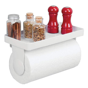 mDesign Wall Mount Plastic Paper Towel Roll Holder and Dispenser with Shelf - Storage and Organization for Spice Bottles, Glass Jars, Salt, Pepper - for Kitchen, Utility/Laundry Room, Garage - White