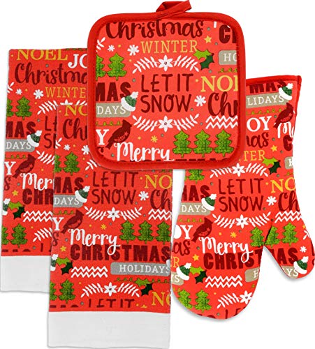 Christmas Towel Set Winter Themed Decor for Kitchen Bundle of 5 Items, 2 Towels, 2 Potholders, 1 Oven Mitt (Let it Snow Merry Christmas Set)