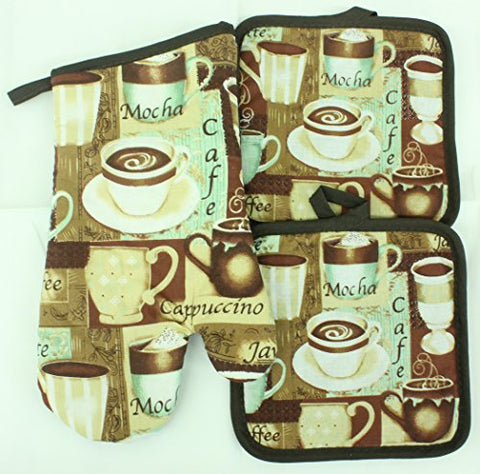 Kitchen Oven Mitt & Pot Holder Set Decor Hot Pad & Glove Combo (Cafe Coffee)