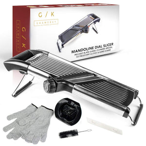 Gramercy Kitchen Co. Adjustable Stainless Steel Mandoline Food Slicer - Comes with One Pair Cut-Resistant Gloves || Vegetable Onion Potato Chip French Fry Julienne Slicer