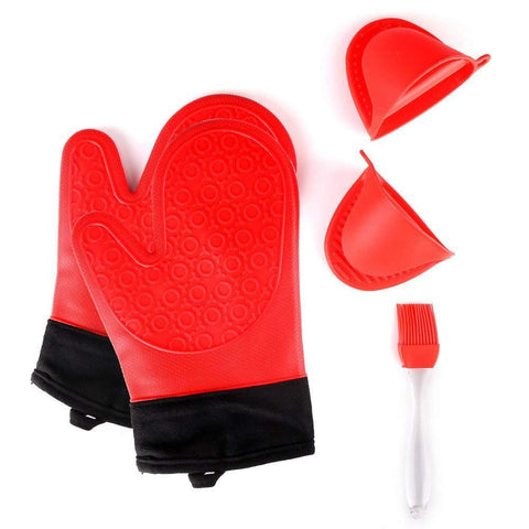 TOPBRY 041604 Heat Resistant Silicone Oven Gloves Non-Slip(1 Pair) for Kitchen Grilling Cooking and Baking& 2 Free Bonus Items-Brush & Pot Holder (red), 28 x 17 x 2.8 cm,