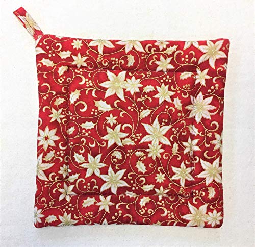 White and Cream Poinsettia on Red Christmas Holiday Square Pot Holder 8.5 inches x 8.5 inches