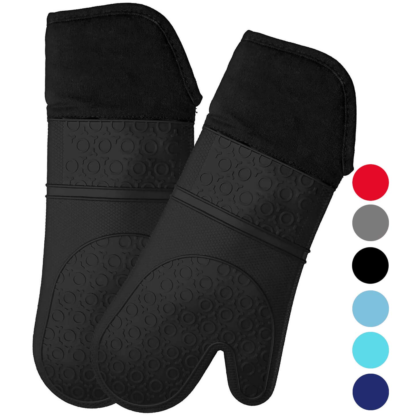 Silicone Oven Mitts with Quilted Cotton Lining - Professional Heat Resistant Kitchen Pot Holders - 1 Pair (Oven Mitts, Black - Extra long)