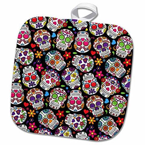 3D Rose Colorful Tossed Sugar Skulls Pattern Pot Holder, 8 x 8