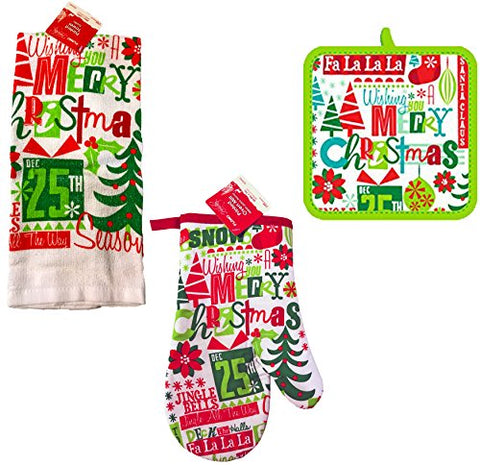 FLOMO Christmas Printed Kitchen Set- Towels, Oven Mitts, Pot Holders (Christmas Phrases)